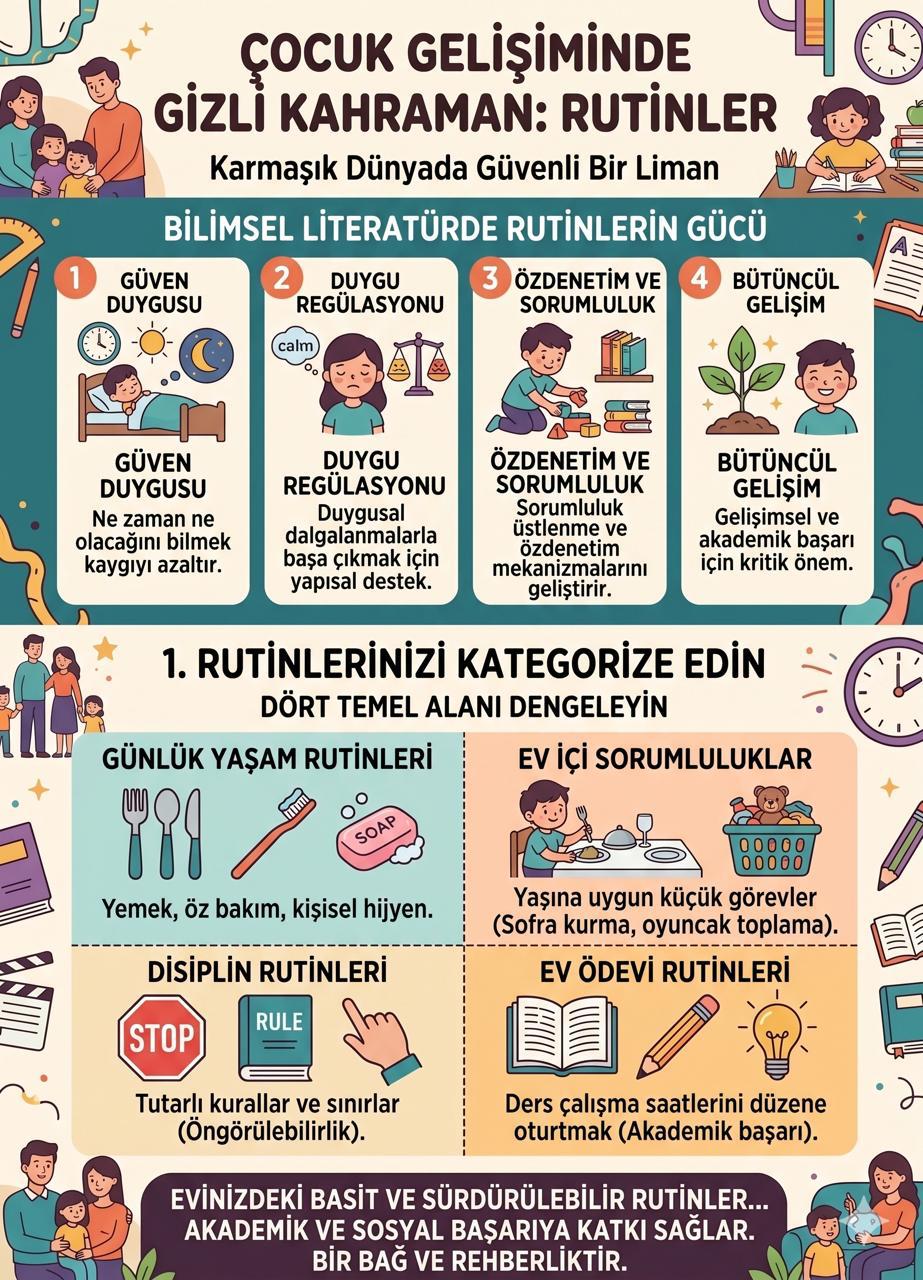 Çocuklarda uyku, oyun, yemek ve öz bakım rutinlerini anlatan bilgilendirici görsel